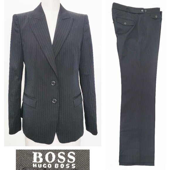 Hugo Boss Women's 2 Piece Black Pin Stripe Business Pant Power Suit Blazer 12 - Picture 1 of 15